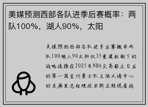 美媒预测西部各队进季后赛概率：两队100%，湖人90%，太阳